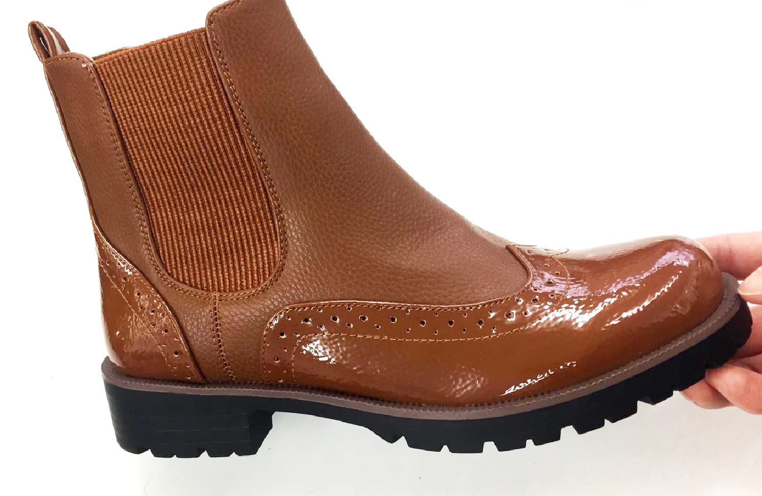 LADIES WOMENS ANKLE BROGUE CHELSEA FASHION PATENT CASUAL SHOES BOOTS